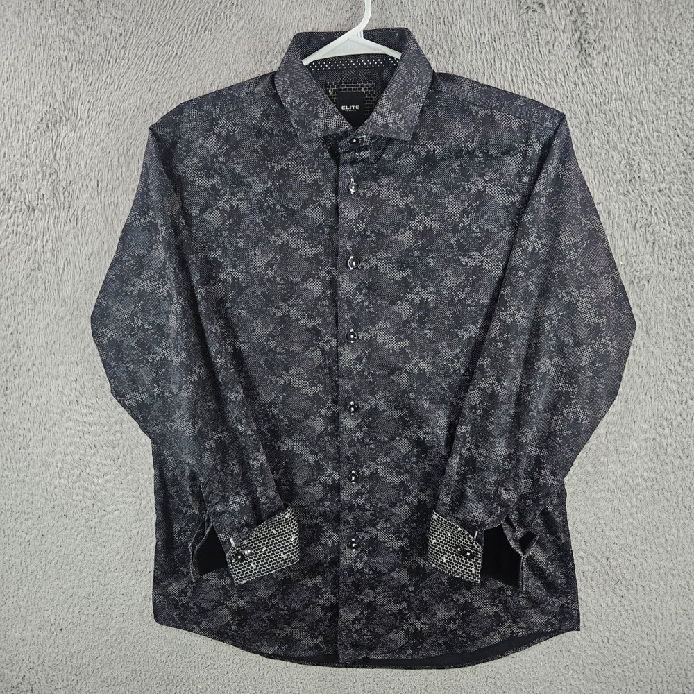 Elite Serica Mens Black Grey Textured Print 100% Cotton Button Down Shirt Large
